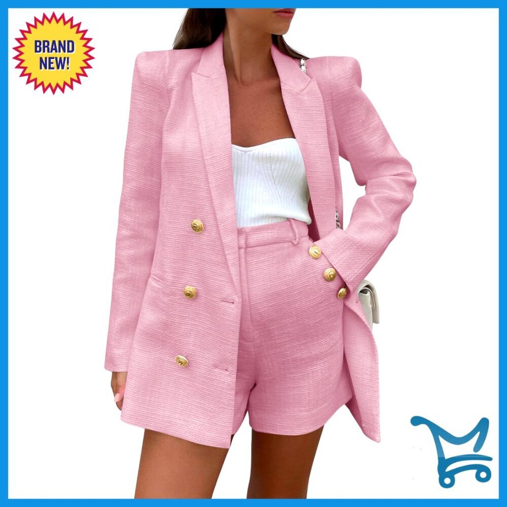 Tweed Blazer Shorts Set, Double Breasted Jacket, Business Outfit